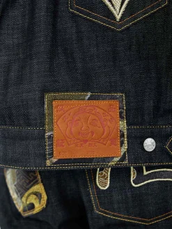 Giacca in denim regular fit con toppa in broccato e multi-tasche